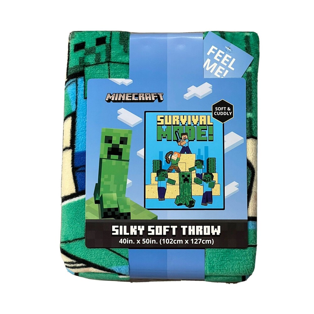 Minecraft Survival Mode Soft Cuddly Silky Soft Throw Green Blue Kids Blanket New